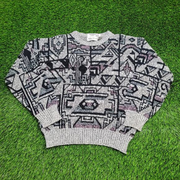Vintage Geometric AOP Sweater Womens Medium 20x23 Gray - Picture 1 of 10